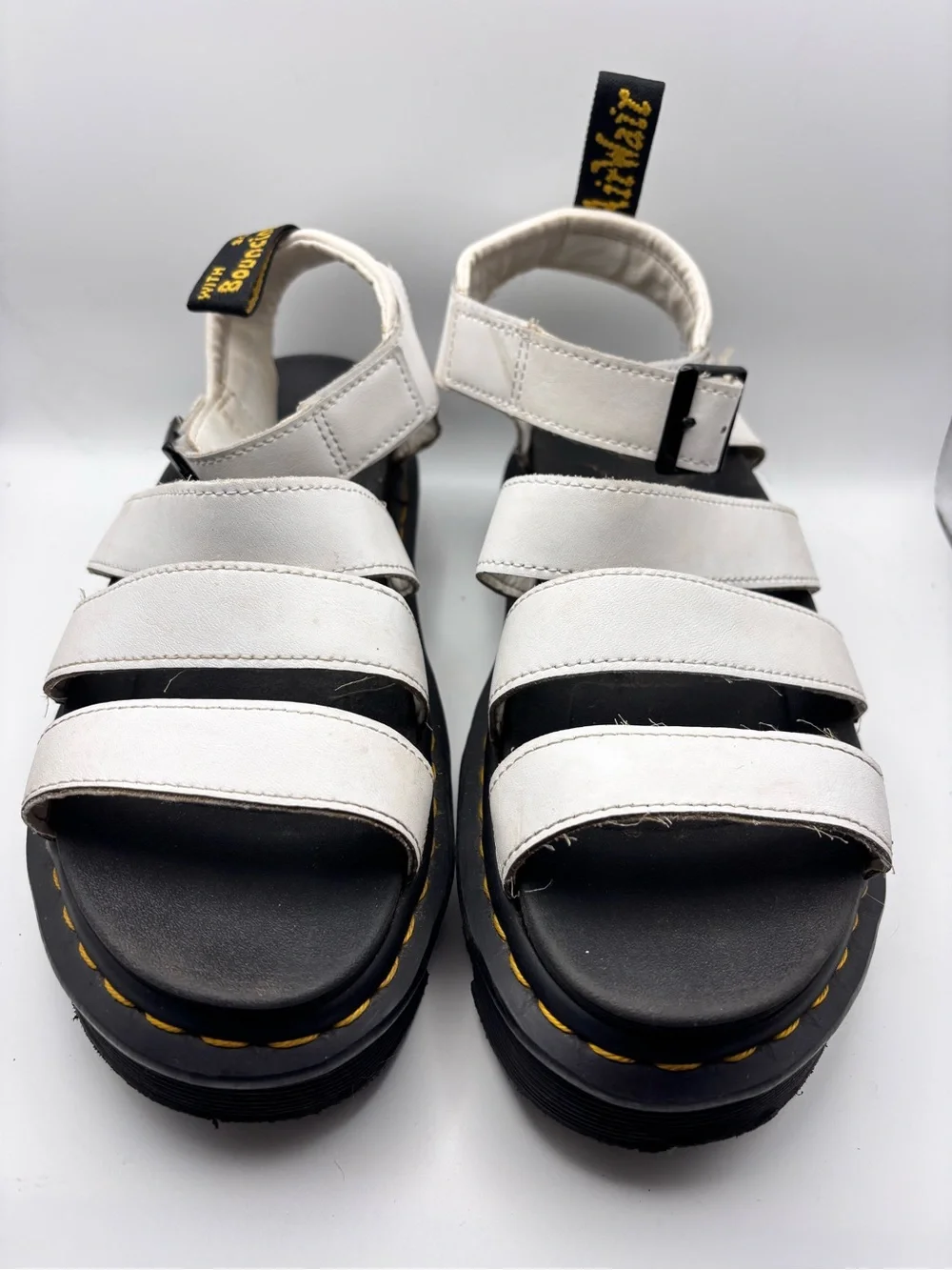 Dr. Martens White Leather Strappy Platform Sandals with Ankle Buckles